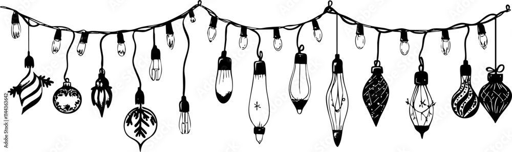 A decorative black and white illustration of Christmas ornaments and lights strung together, perfect for holiday-themed projects. A decorative black and white illustration of Christmas ornaments and lights strung together, perfect for holiday-themed projects.