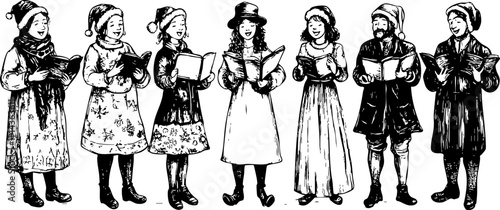 A vintage illustration of a group of joyful carolers dressed in festive costumes, singing during the holiday season.