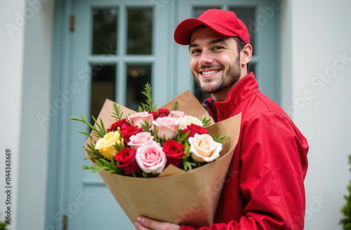 Smiling courier with a bouquet of rflowers against the background of a white front door. Flower delivery service. Romantic gifts concept photo