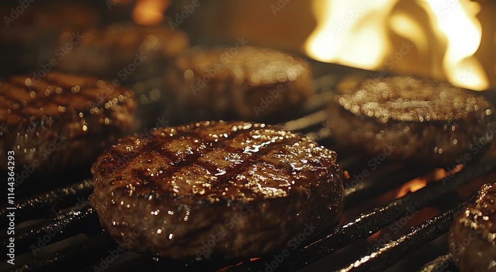 Grilling delicious beef patties over open flames during a summer barbecue gathering in a backyard Grilling delicious beef patties over open flames during a summer barbecue gathering in a backyard