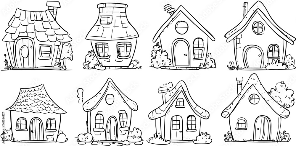 A whimsical collection of eight hand-drawn houses showcasing various architectural styles suitable for children's illustrations or creative projects. A whimsical collection of eight hand-drawn houses showcasing various architectural styles suitable for children's illustrations or creative projects.