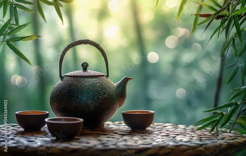 Relaxing tea ceremony with traditional teapot and cups on a bamboo table in a...