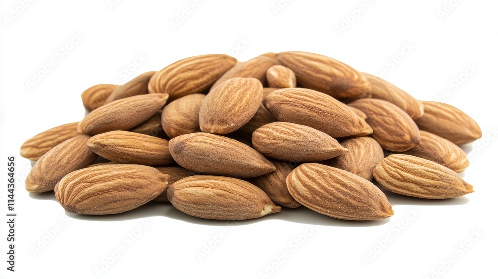 Fototapeta premium Almonds: A pile of raw almonds with smooth, brown skins, isolated on a clean white background. 