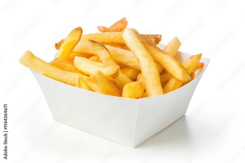 French fries in white box on white background. French fries in white box on white background.