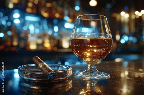 Enjoying a rich glass of whiskey paired with a smooth cigar in a cozy, dimly ...