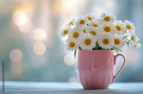 Fresh white daisies in a pink cup bring a touch of spring charm to a serene i...