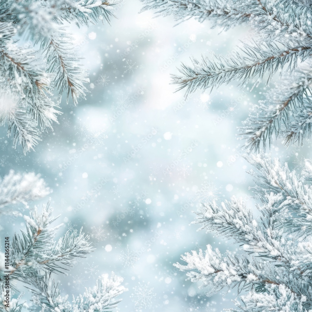 Serene Winter Wonderland Scene with Snow-Dusted Evergreen Branches and Soft Blue Bokeh Background Creating a Magical Holiday Atmosphere Serene Winter Wonderland Scene with Snow-Dusted Evergreen Branches and Soft Blue Bokeh Background Creating a Magical Holiday Atmosphere