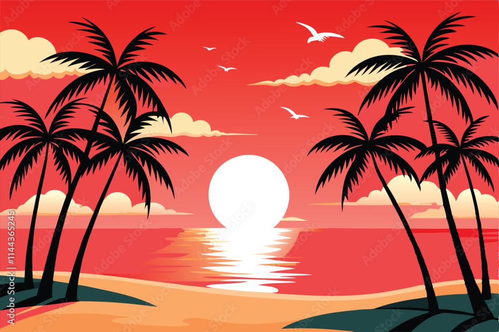 Obraz premium Capture a breathtaking tropical beach sunset; vibrant colors, calm ocean, palm trees silhouetted against the fiery sky. Serene, idyllic scene.