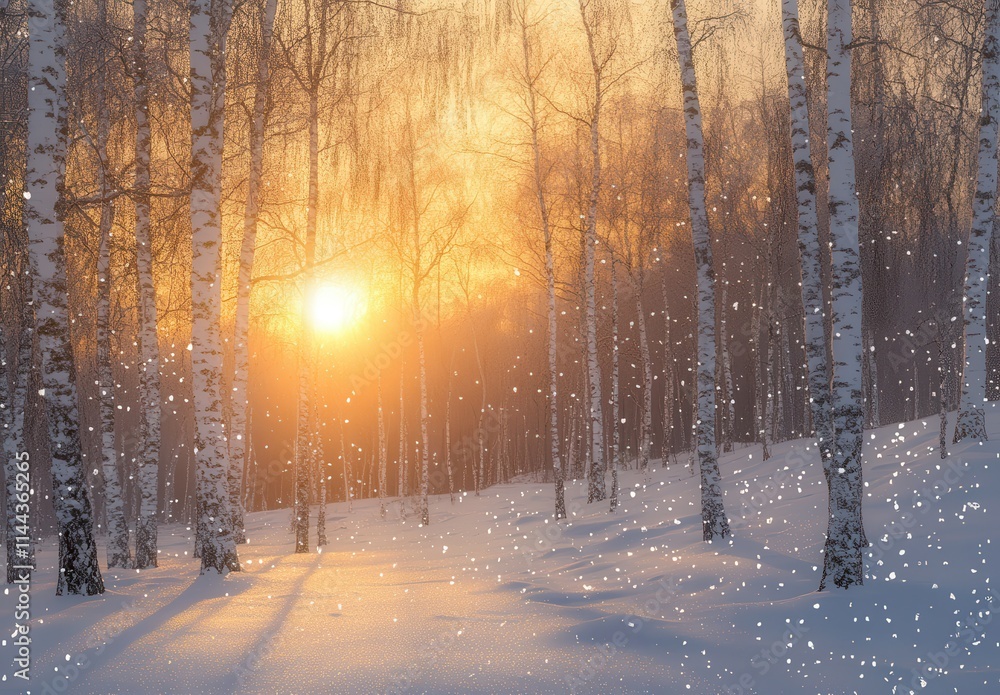 Serene Winter Sunrise with Birch Trees in a Snowy Landscape, Golden Light Illuminating Falling Snowflakes in a Tranquil Natural Setting Serene Winter Sunrise with Birch Trees in a Snowy Landscape, Golden Light Illuminating Falling Snowflakes in a Tranquil Natural Setting