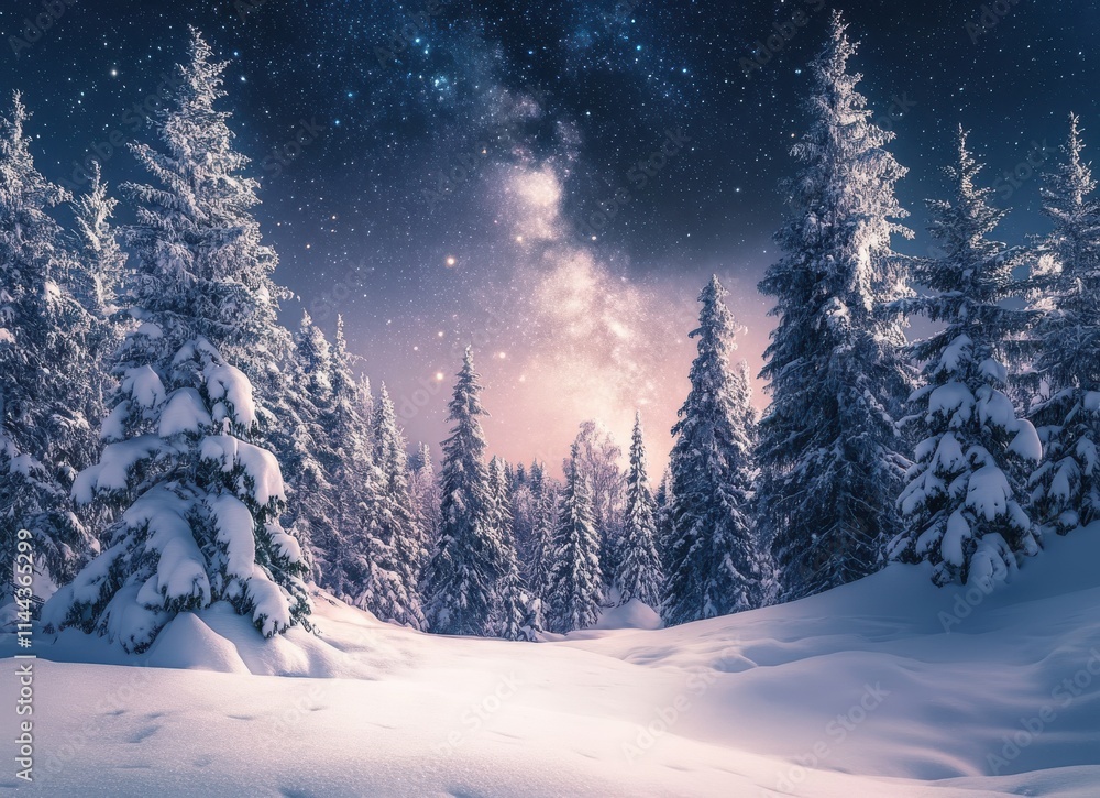 Serene Winter Wonderland Landscape Under Starry Night Sky with Snow-Covered Pine Trees and Soft Glow of Milky Way in Tranquil Wilderness Serene Winter Wonderland Landscape Under Starry Night Sky with Snow-Covered Pine Trees and Soft Glow of Milky Way in Tranquil Wilderness