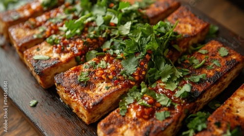 Freshly cooked air-fried tofu on a platter with chili garlic sauce drizzled on top, garnished with cilantro photo