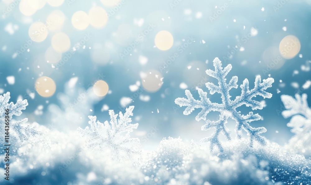 Softly Falling Snowflakes on a Light Blue Background with Blurred Lights, Creating a Dreamy and Serene Winter Wonderland Atmosphere Softly Falling Snowflakes on a Light Blue Background with Blurred Lights, Creating a Dreamy and Serene Winter Wonderland Atmosphere