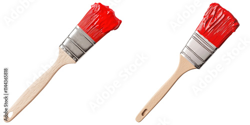 A red paintbrush with a wooden handle, featuring a thick bristle head coated in vibrant paint. photo