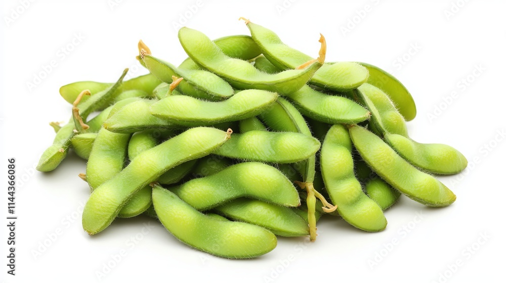 Edamame: A handful of bright green, fresh edamame beans in their pods, isolated on a white background. Edamame: A handful of bright green, fresh edamame beans in their pods, isolated on a white background.