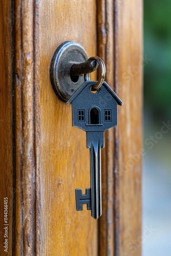 Key hanging from door knob revealing a charming home entrance on a peaceful a...