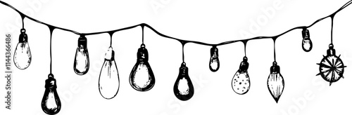A decorative illustration of hanging string lights with various bulb shapes, perfect for festive or party themes.