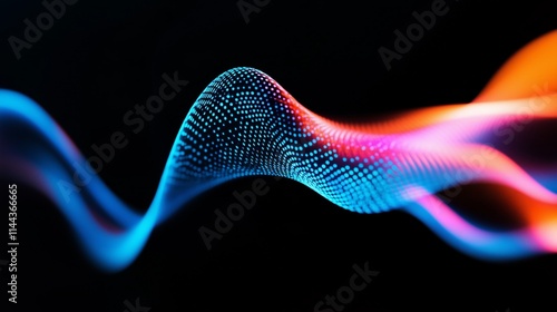 3D render of colorful sound waves moving in wave-like patterns on a black background, with glowing light effects in blue and orange colors, an abstract and futuristic design concept.