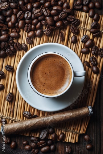 Rich espresso served in a white cup on a straw mat surrounded by roasted coffee beans and a cigar for a relaxing photo