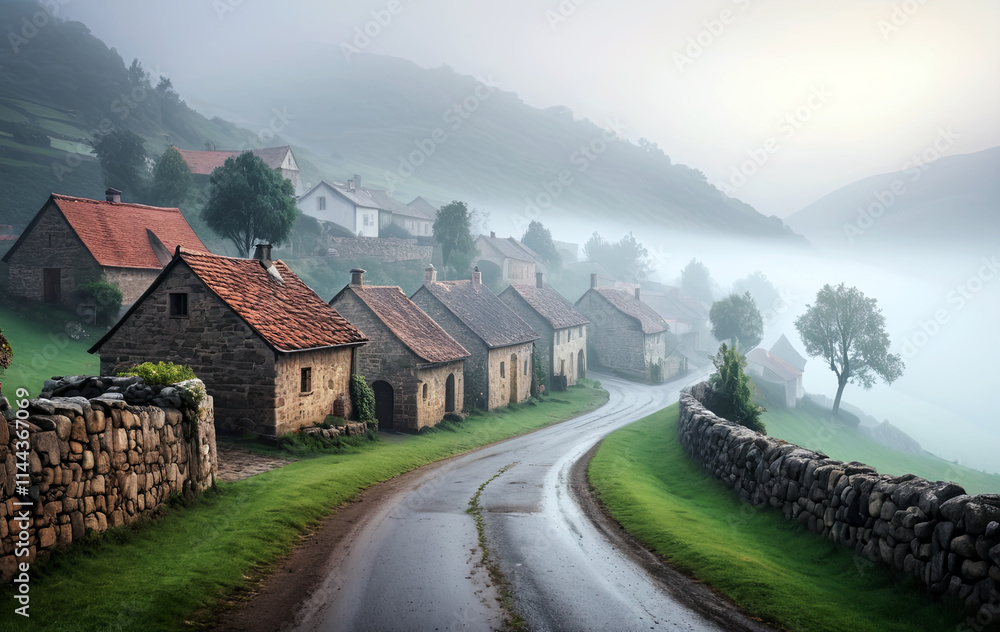 Ethereal Fog in Village with Magical Backdrop of Trees and Serene Landscapes Scenes Background Image Ethereal Fog in Village with Magical Backdrop of Trees and Serene Landscapes Scenes Background Image