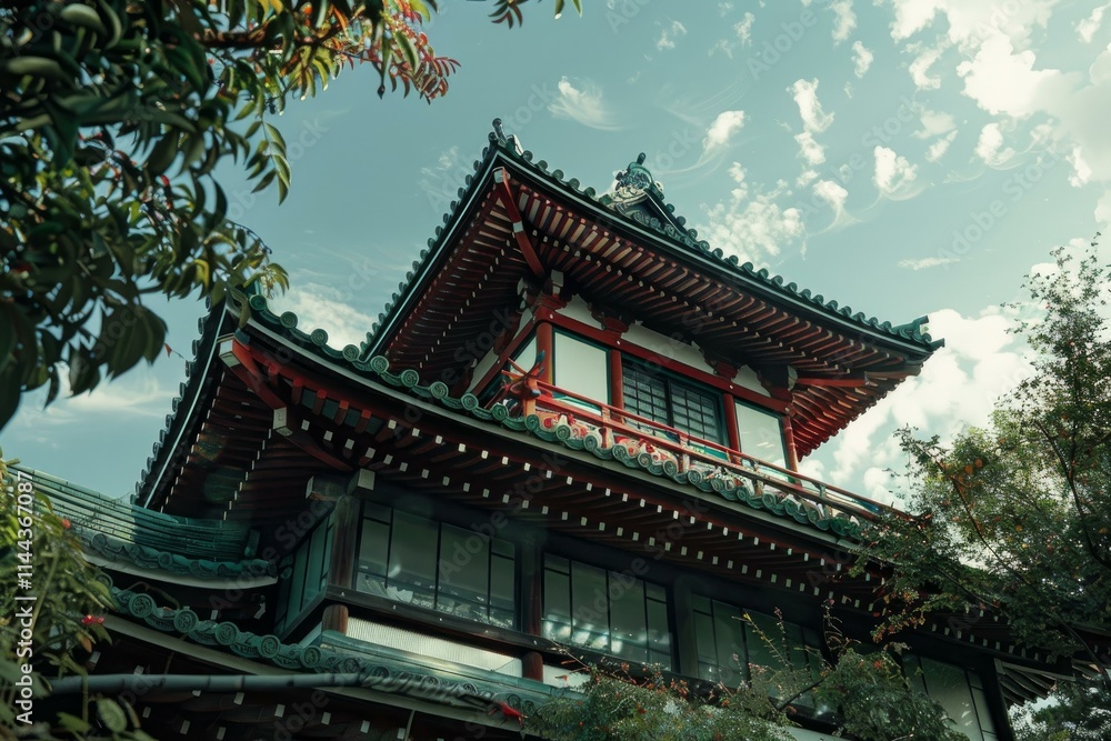 Traditional japanese temple standing tall, surrounded by lush greenery and a serene blue sky with fluffy white clouds Traditional japanese temple standing tall, surrounded by lush greenery and a serene blue sky with fluffy white clouds