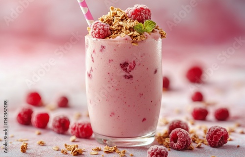 Refreshing raspberry smoothie topped with granola in a vibrant setting with p...