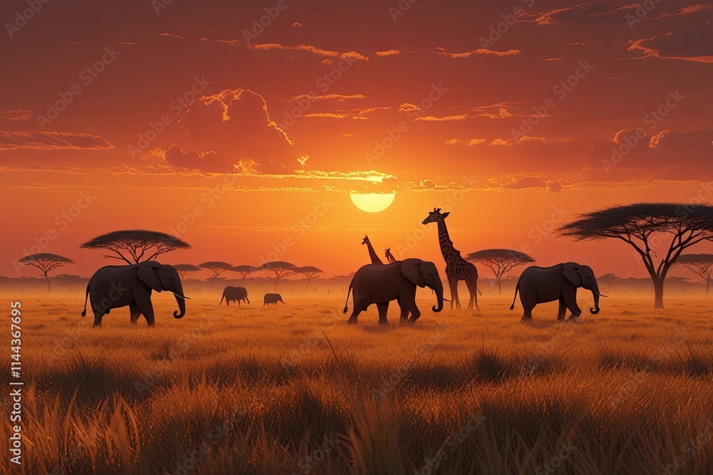 Obraz premium A breathtaking view of the African savanna during sunset, with golden grasses stretching to the horizon. Silhouettes of elephants and giraffes roam in the distance,generative ai