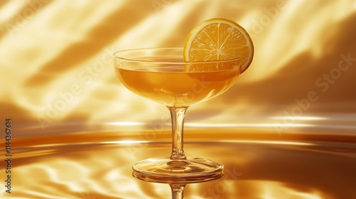 Refreshing cocktail with orange slice garnishing a glass on shimmering golden...