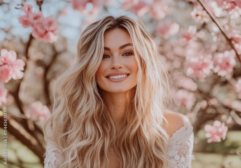 Young woman with long hair smiling gracefully in a blooming cherry blossom garden, surrounded by soft pink flowers, exuding joy and springtime elegance. Young woman with long hair smiling gracefully in a blooming cherry blossom garden, surrounded by soft pink flowers, exuding joy and springtime elegance.