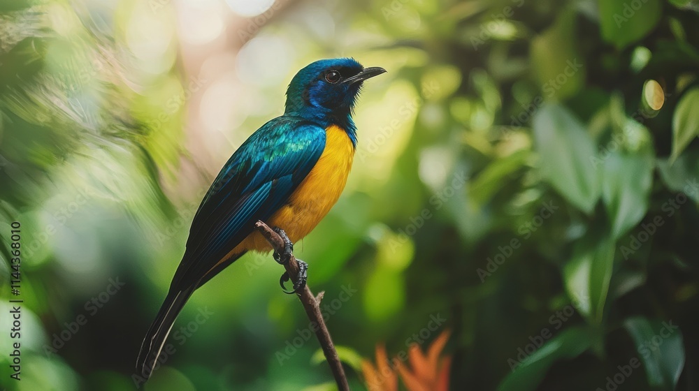 Obraz premium Vibrant Tropical Bird Perched Among Lush Green Foliage