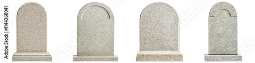 Four distinct gravestones showcasing varied designs and textures, each with an arched top and a solid base. photo