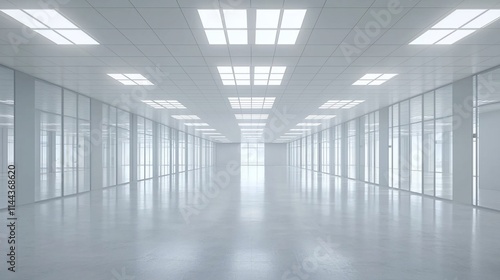 Empty modern office space with glass walls and bright lighting.