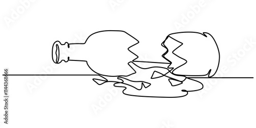 One line drawing of beer bottles were smashed at the end of the table until they broke into pieces. Stop and say no to alcohol campaign. Dry January, Broken beer glass bottle continuous one line.
