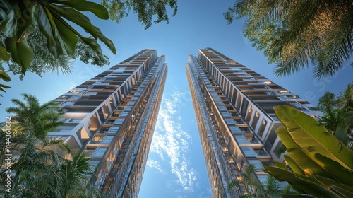 Urban skyline showcasing a towering skyscraper framed by glass buildings unde...