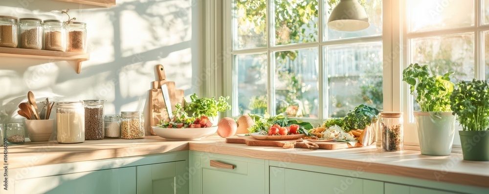 Bright kitchen filled with fresh vegetables and herbs, illuminated by natural light streaming through the windows. Bright kitchen filled with fresh vegetables and herbs, illuminated by natural light streaming through the windows.