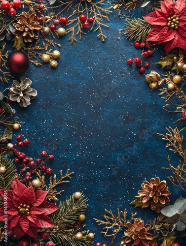 Elegant Christmas Floral Frame with Poinsettias and Pine Cones on Dark Blue Background, Perfect for Holiday Greetings and Seasonal Designs