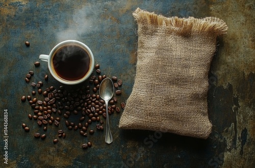 Warm cup of freshly brewed coffee rests on burlap with scattered coffee beans...