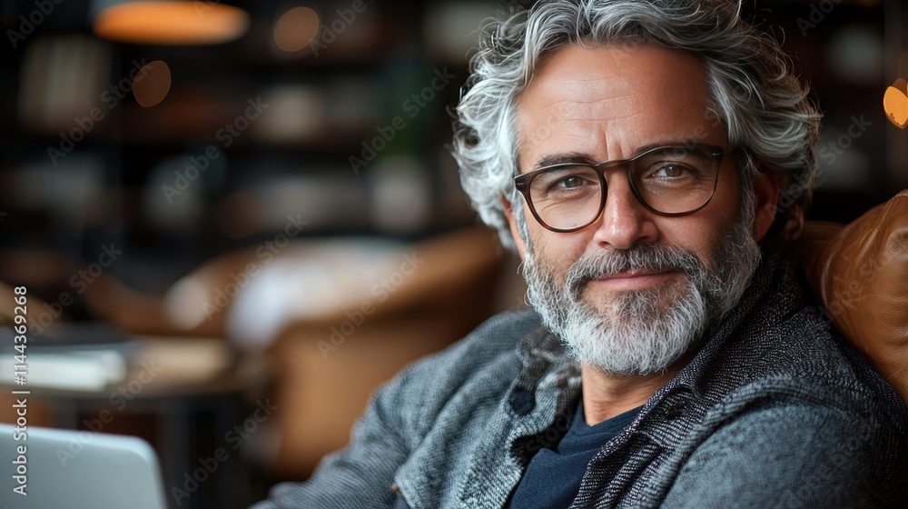 Thoughtful mature man with glasses smiling in a cozy cafe setting Thoughtful mature man with glasses smiling in a cozy cafe setting