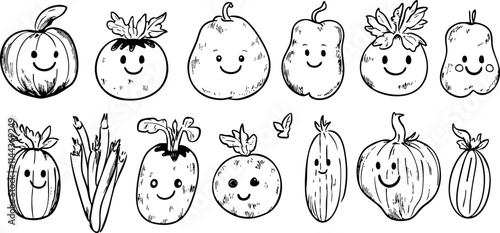 A playful illustration of smiling fruits and vegetables, featuring various characters that evoke joy and a sense of fun.