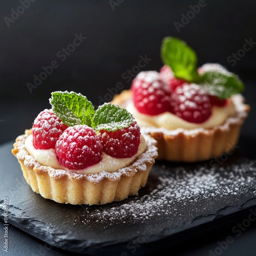 Fresh raspberry tarts with cream on a dark slate surface decorated with powde...