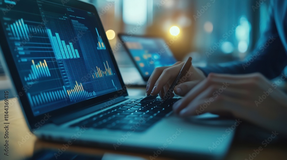 Person working on a laptop with charts and graphs on desk, analyzing data for business or finance in an office setting.
Person working on a laptop with charts and graphs on desk, analyzing data for business or finance in an office setting.