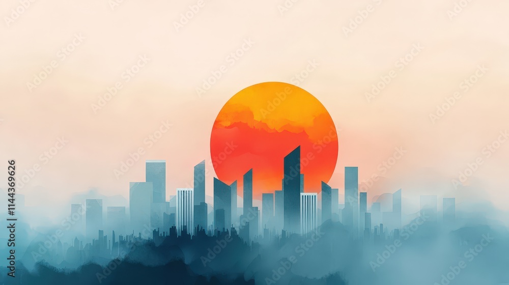 Obraz premium A sunrise over a natural paradise blending into a smog-covered industrial skyline.