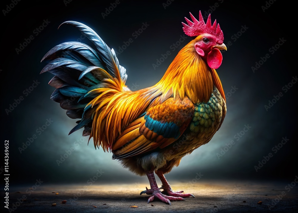 Fototapeta premium Low Light Chicken Photography, White Background, Poultry Image, Bird Photo, Studio Shot, Dark Mood, Dramatic Lighting, Chicken Pictures, White Background Images, Food Photography, Animal Photography