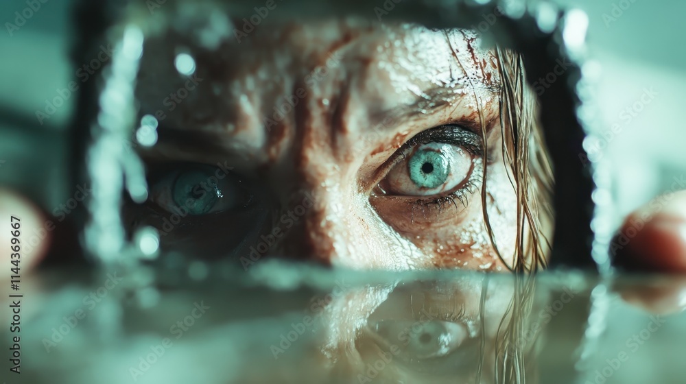Terrified, wide-open eyes with sweat and grime peering intensively through a small barred window, conveying intense fear, anxiety, and desperation. Terrified, wide-open eyes with sweat and grime peering intensively through a small barred window, conveying intense fear, anxiety, and desperation.