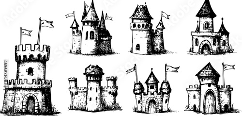 A collection of hand-drawn medieval castles and fortresses, showcasing various architectural styles and features.