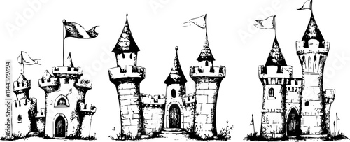 A collection of hand-drawn medieval castles with flags, showcasing various architectural styles and intricate details.