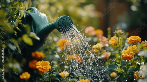 Gardening activity with a watering can, nurturing vibrant flowers in a colorf...
