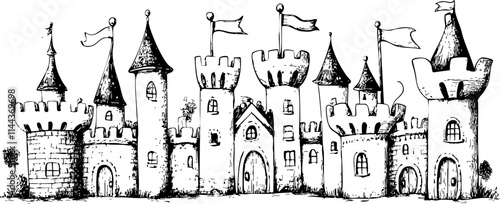 A detailed black and white illustration of medieval castles with towers, flags, and surrounding landscape, ideal for fantasy themes.