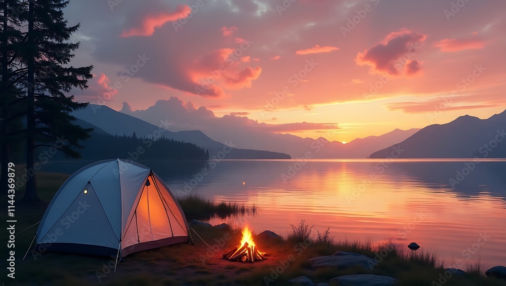 Serene Lakeside Sunset with Dome Tent, Campfire, and Vibrant Reflections | Peaceful Nature Adventure Scene Serene Lakeside Sunset with Dome Tent, Campfire, and Vibrant Reflections | Peaceful Nature Adventure Scene