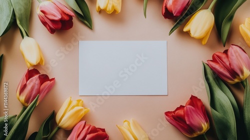 Colorful tulips arranged in a circular pattern with a blank card in the cente...