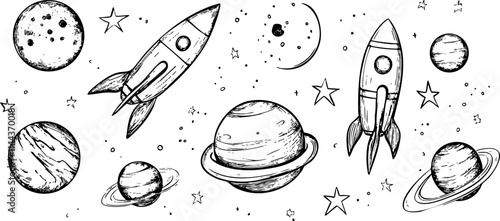 A whimsical black and white illustration depicting rockets, planets, and stars, perfect for children’s space-themed projects.